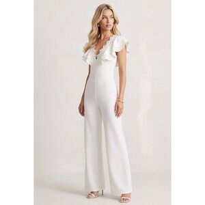 SHEIN White Jumpsuit Women’s V-Neck Flutter Ruffle Sleeve Lace Trim Size 4